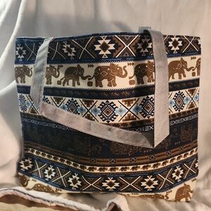 Canvas Elephant Print Tote Bag in Blue & Brown